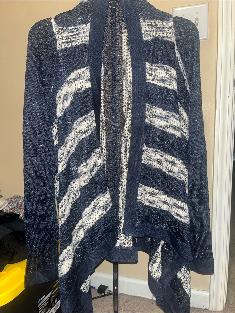 Dolce Cabo Navy, White & Burgundy Open-Front Stripe Cardigan